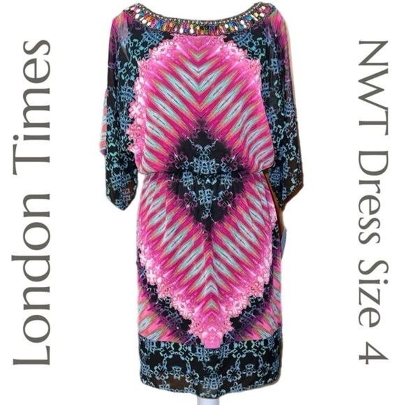 London Times - Embellished Dress - Geometric Tie Dye Design - Size 4 - NWT - Picture 1 of 10